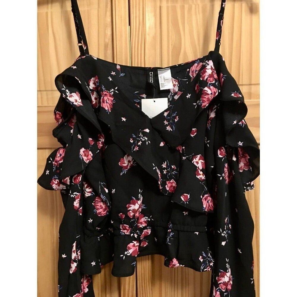 Womens Sz 10 Top By Divided Long Sleeve Ruffles V-Neck Off Shoulder NWT - Picture 3 of 8
